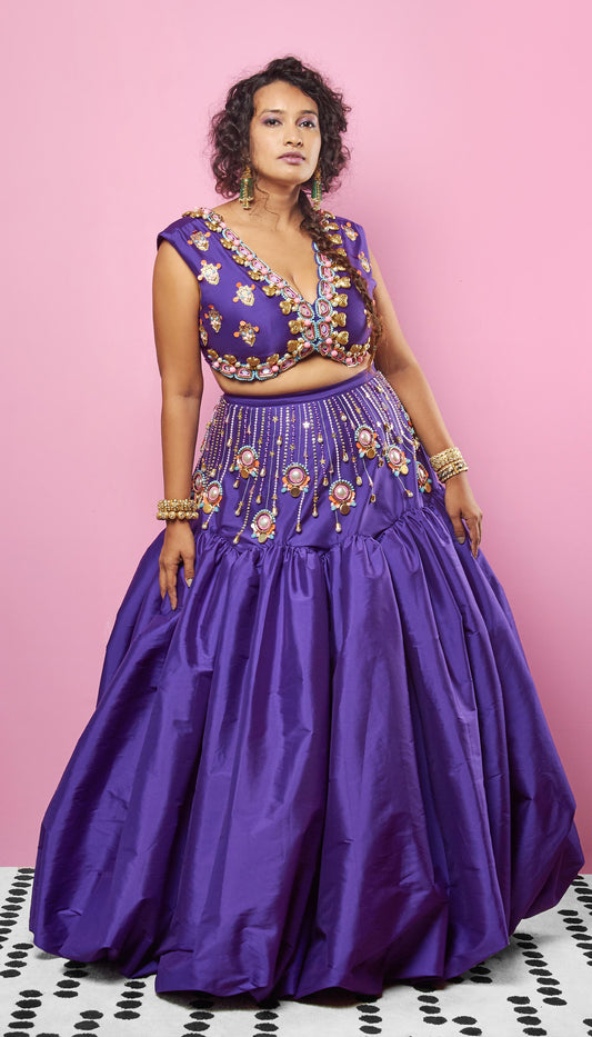 DON'T ASK, DON'T TELL - VIOLET EMBELLISHED FULL LEHENGA SET