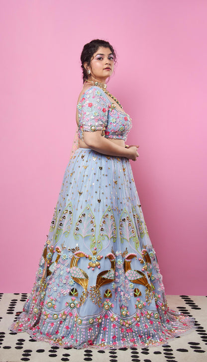 EVER THINE, EVER MINE, EVER OURS -  BLUE AND LIME  EMBELLISHED FULL LEHENGA SET