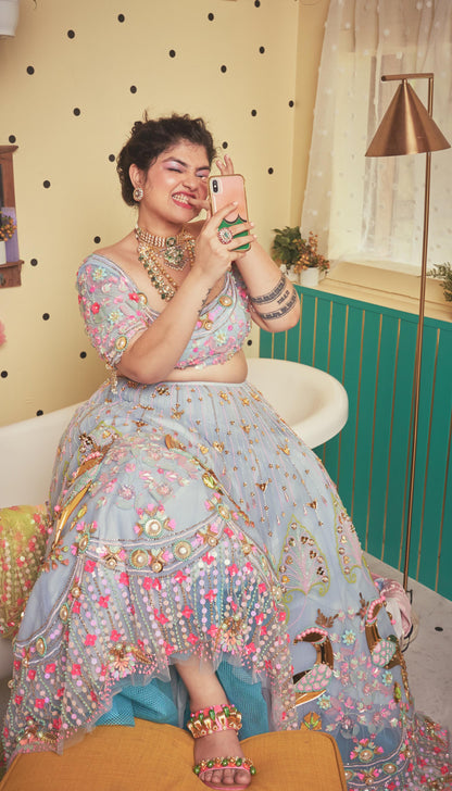 EVER THINE, EVER MINE, EVER OURS -  BLUE AND LIME  EMBELLISHED FULL LEHENGA SET