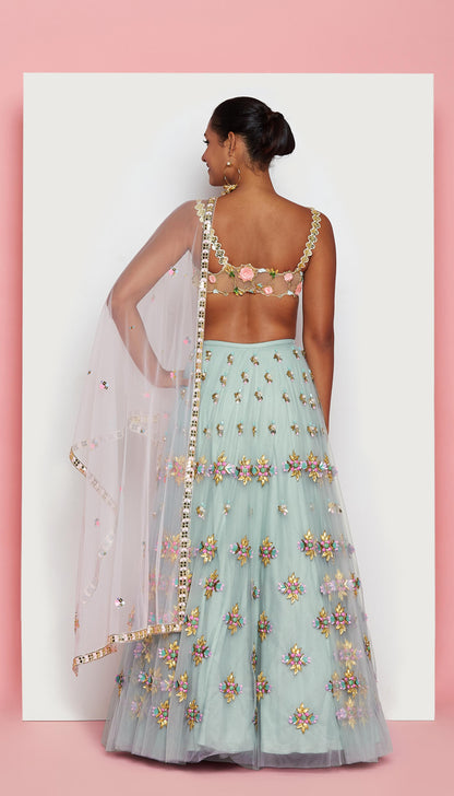 FAVORITE JADE - JADE GREEN AND IVORY EMBELLISHED FULL LEHENGA SET