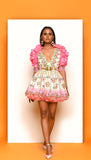 FROM BEVERLY HILLS - IVORY AND PINK EMBELLISHED BABY DOLL DRESS WITH SHRUG