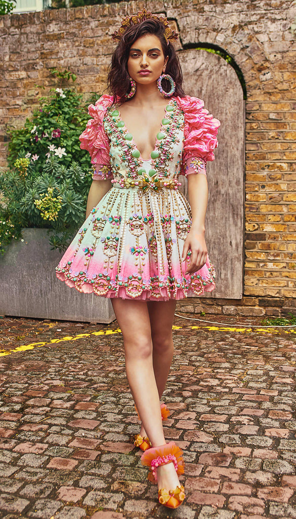 FROM BEVERLY HILLS - IVORY AND PINK EMBELLISHED BABY DOLL DRESS WITH SHRUG