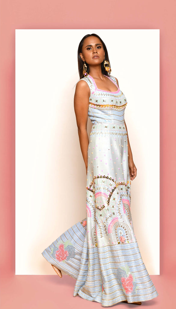 From The Heart : Powder Blue Embroidered Jumpsuit