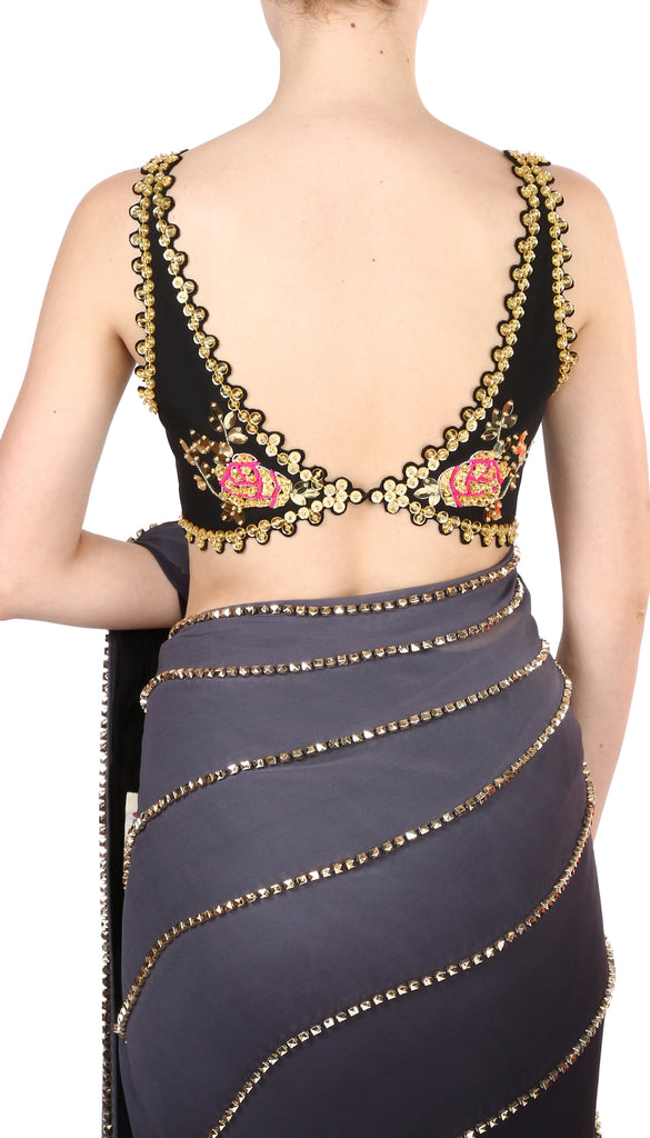 Juhi Godambe - Black Pre-Stiched Embellished Saree Set