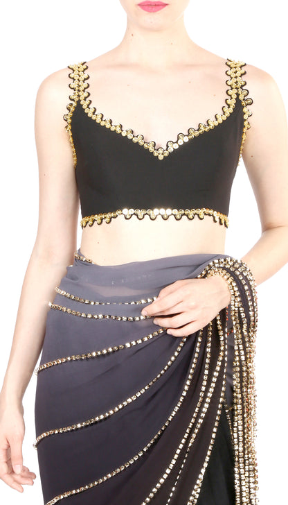 Juhi Godambe - Black Pre-Stiched Embellished Saree Set