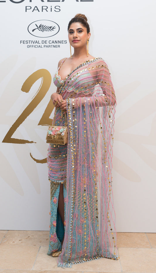 MALVIKA SITLANI - Ice Blue & Pink Pre-Stitched Embellished Saree Set