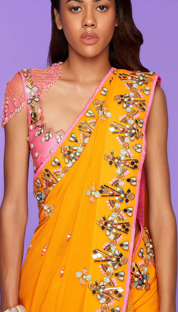 Ofcourse NOT - yellow pre-stitched Saree Set