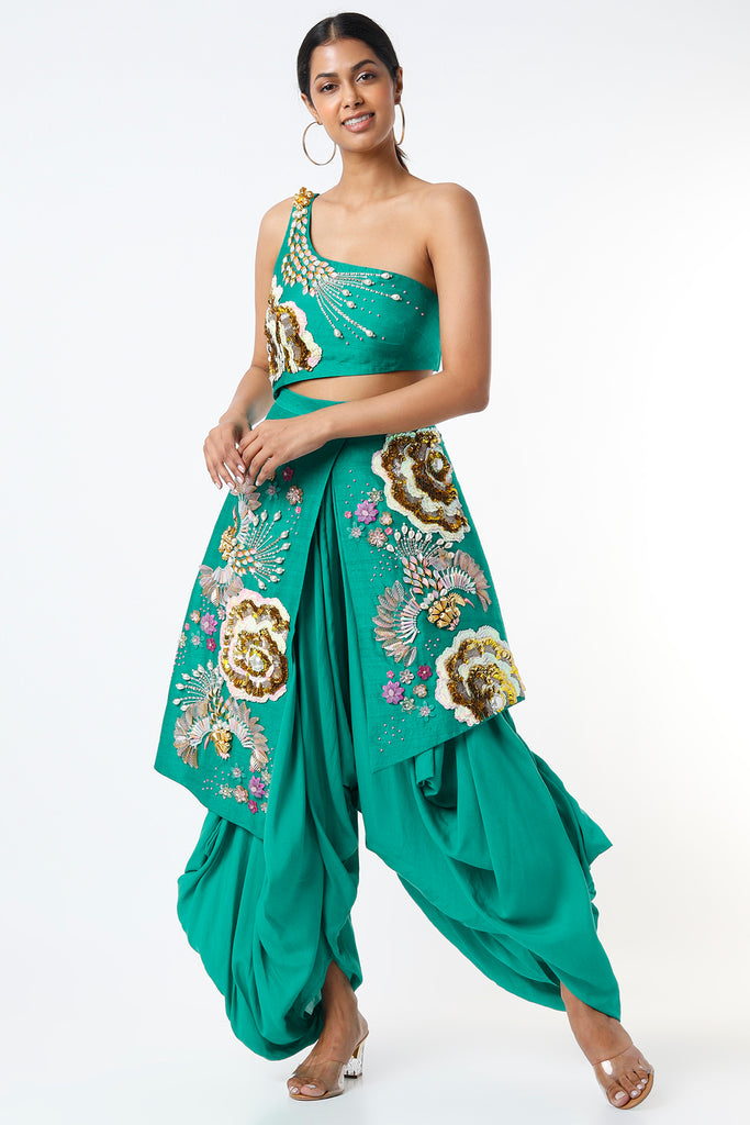 Turquoise Embroidered One-Shoulder Jumpsuit