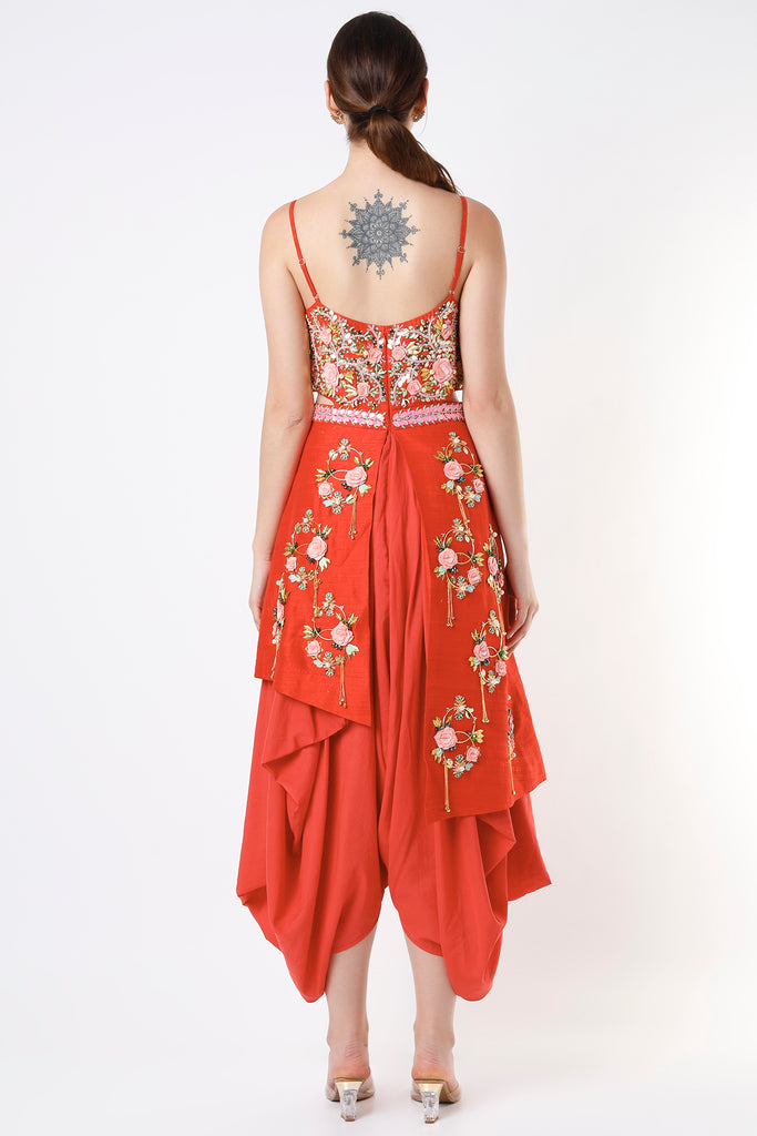 Red Raw Silk Embellished Jumpsuit