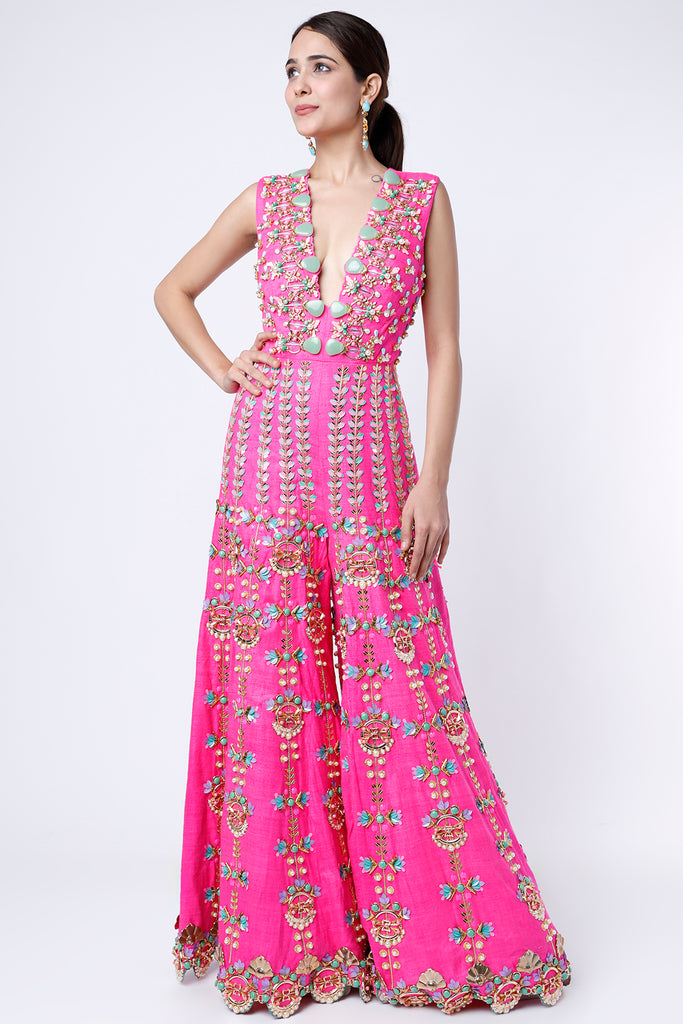 Hot Pink 3D Embroidered Jumpsuit