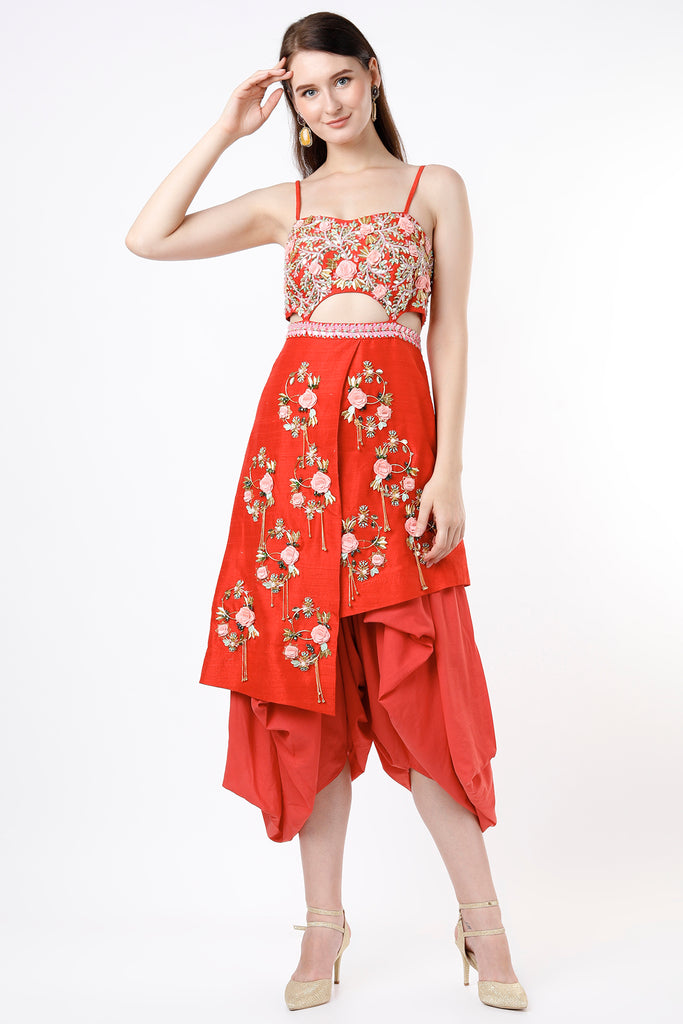 Red Raw Silk Embroidered Jumpsuit