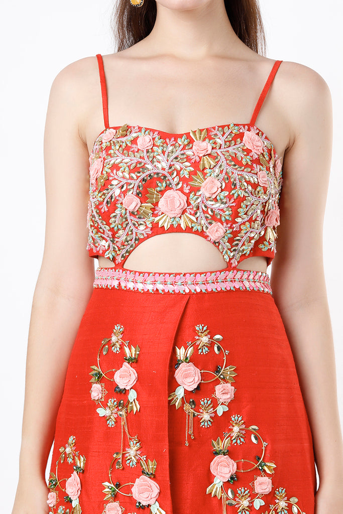 Red Raw Silk Embroidered Jumpsuit