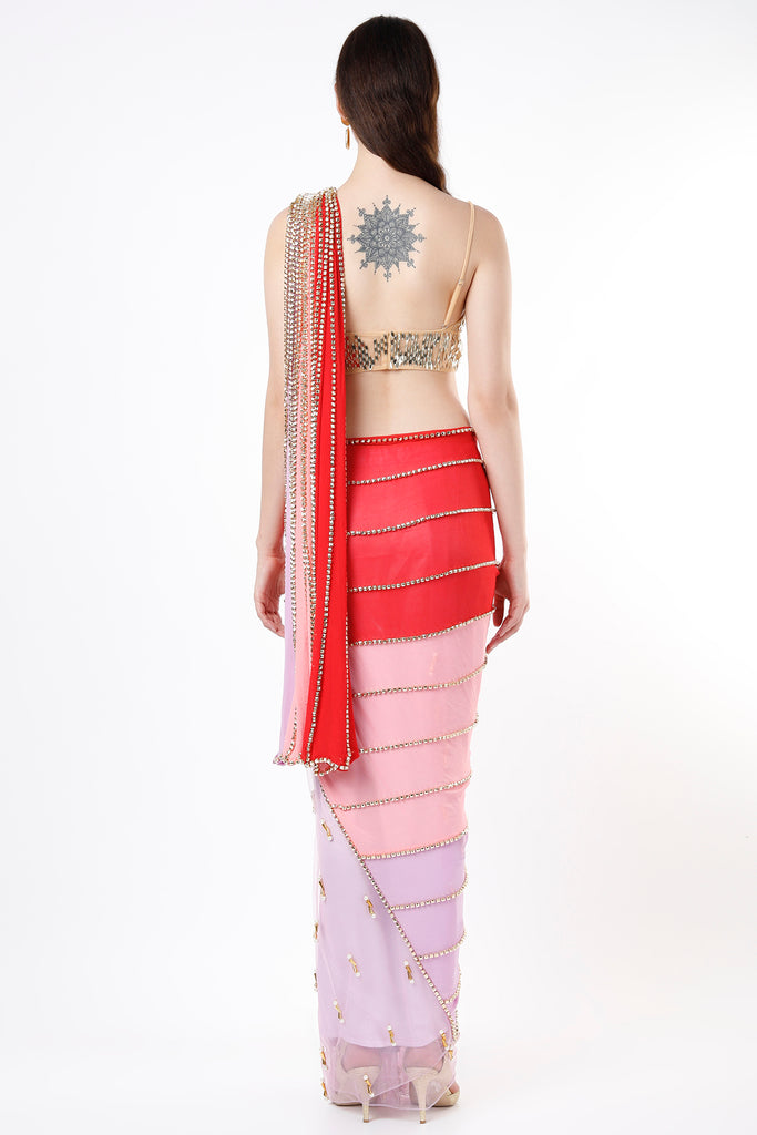 Tri-Colored Embellished Pre-Stitched Saree Set
