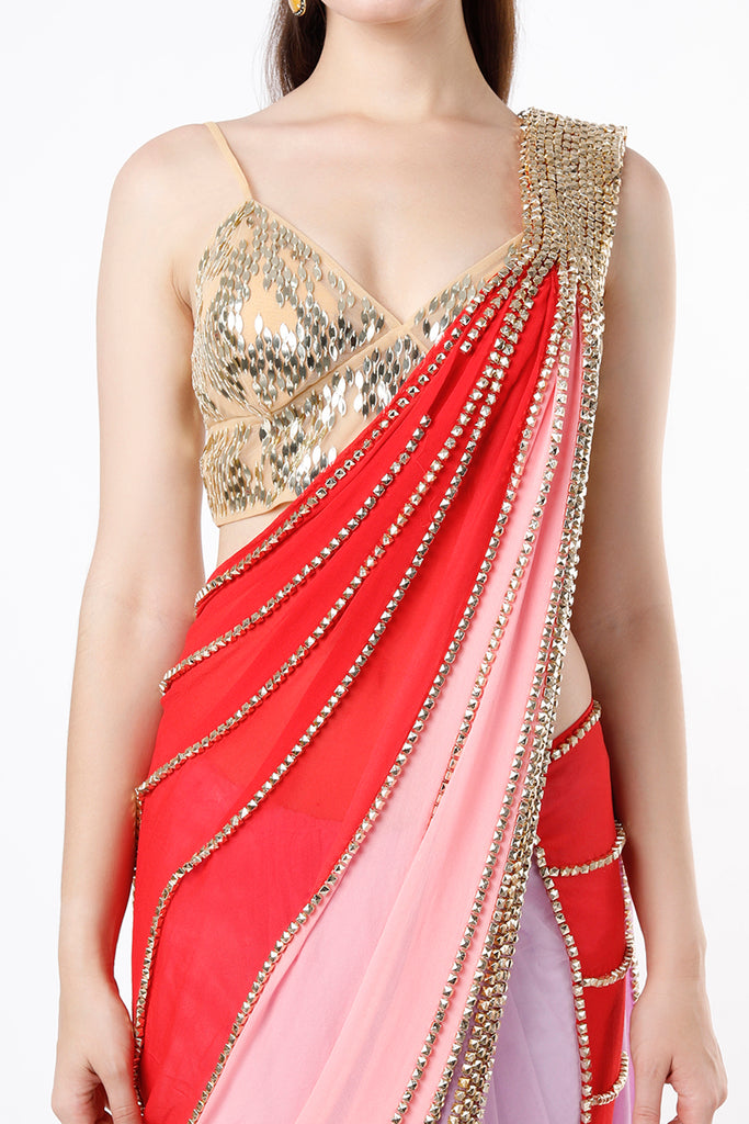 Tri-Colored Embellished Pre-Stitched Saree Set