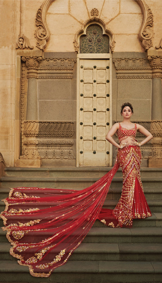 Tamanna Bhatia - Fiery Red mermaid cut Lehenga Set