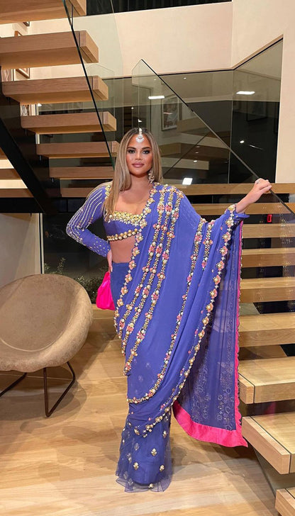 Chrissy Teigen - BLUE PRE-STITCHED EMBELLISHED SAREE SET