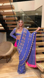 Chrissy Teigen - BLUE PRE-STITCHED EMBELLISHED SAREE SET