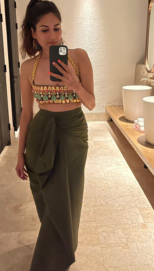 COULD'A SHOULD'A WOULD'A - MILITARY GREEN EMBELLISHED SKIRT AND BRALETTE SET