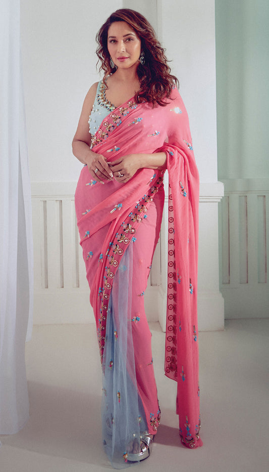 MADHURI DIXIT-NENE : pink embroidered SAREE SET