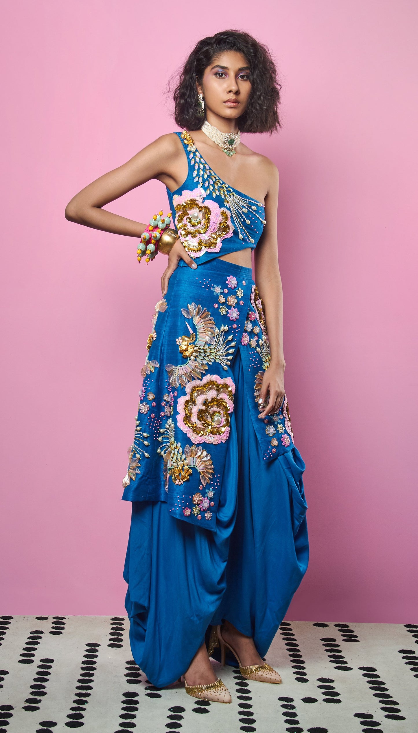 Liza Koshy - COBALT BLUE ONE-SHOULDER DHOTI JUMPSUIT
