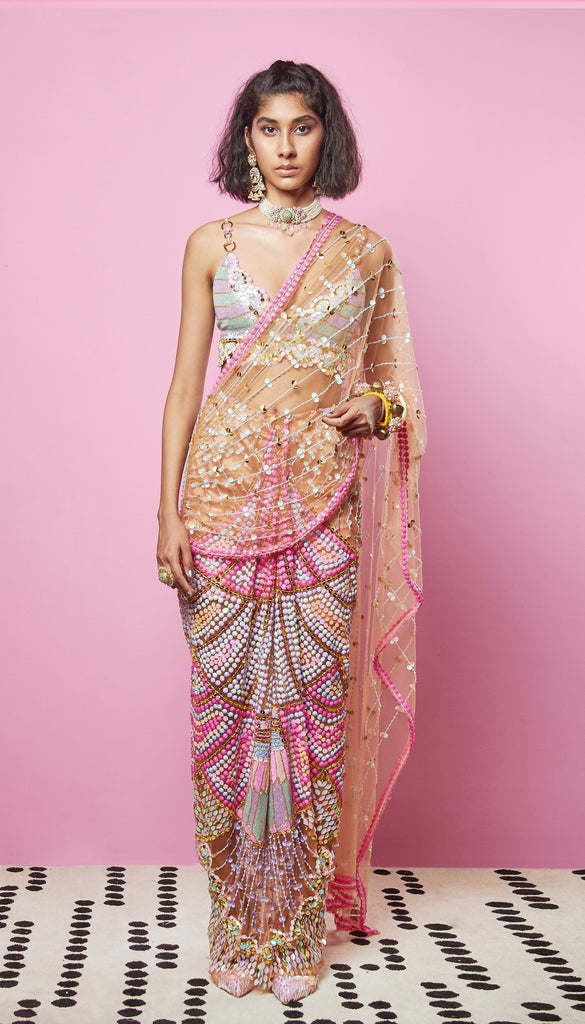 Chrissy Teigen - BISCUIT NUDE EMBELLISHED SAREE SET