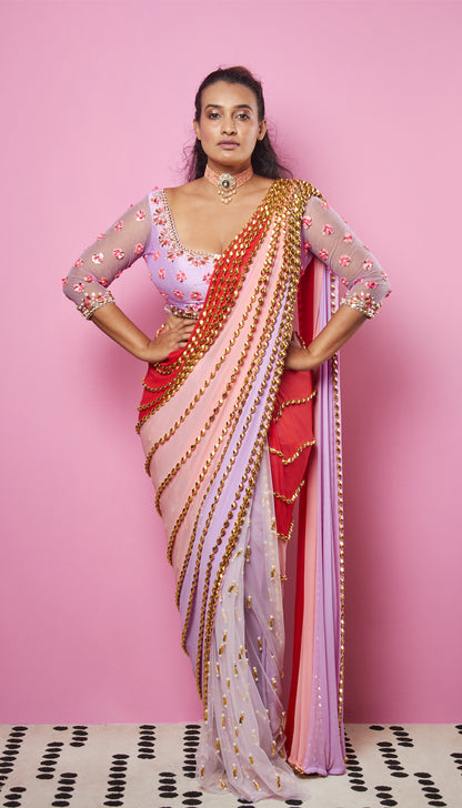 WHEN HE'S AROUND - MULTI-COLORED EMBELLISHED PRE-STICHED SAREE SET