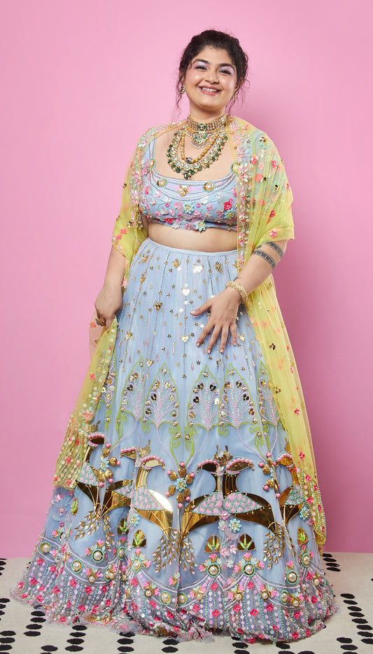 EVER THINE, EVER MINE, EVER OURS -  BLUE AND LIME  EMBELLISHED FULL LEHENGA SET