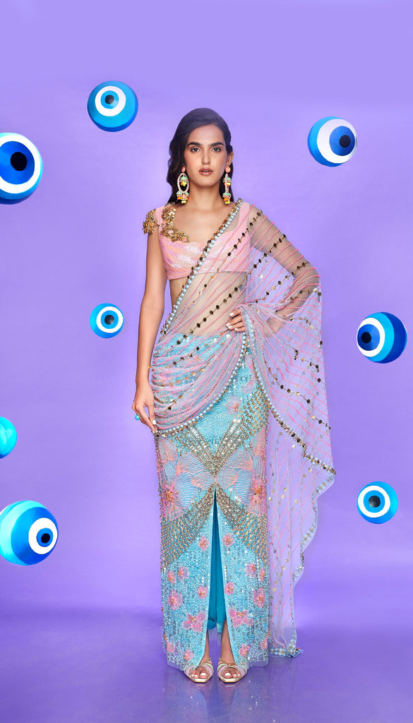 MALVIKA SITLANI - Ice Blue & Pink Pre-stiched Embellished Saree Set