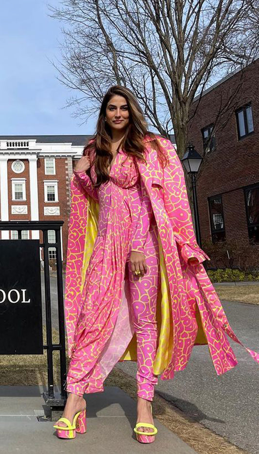 Pink Saree-Inspired Catsuit and Trench in Papa's Driving Me Crazy