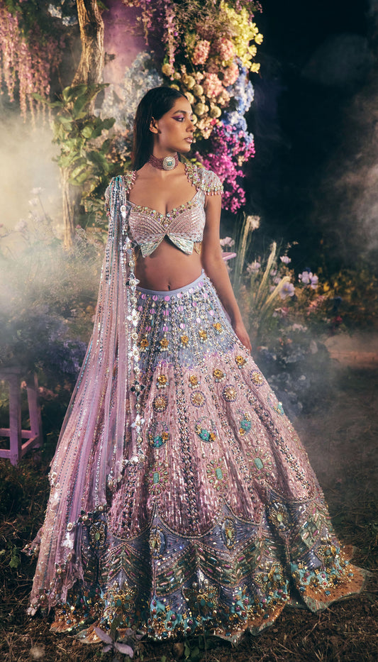 Titania - Lilac & Blue Applique Butterfly Lehenga Set