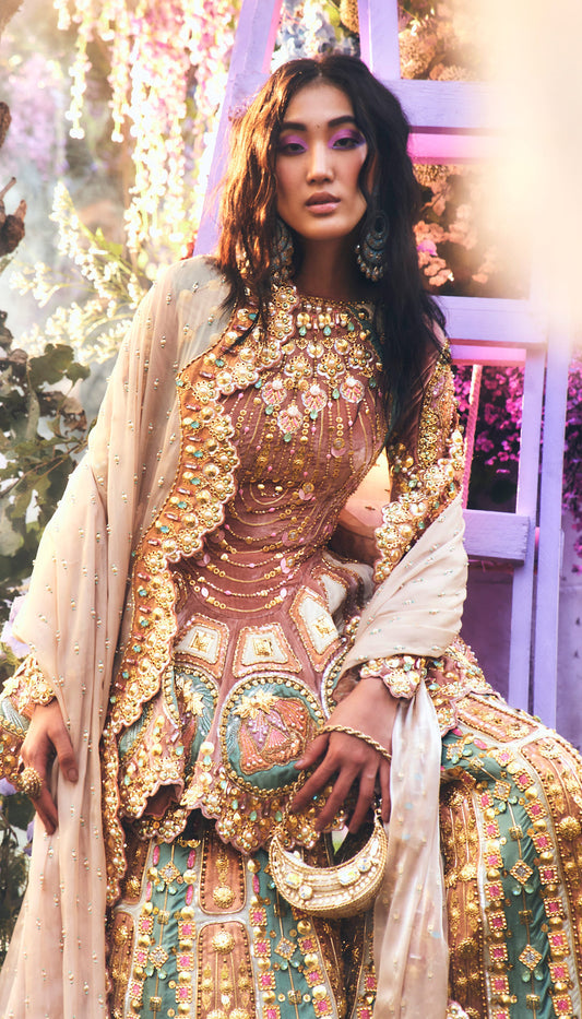 Elvina - Brick Brown, Ivory & Teal Sharara Set