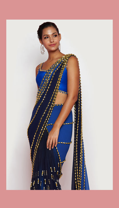 ROCK N ROLLA - ELECTRIC BLUE EMBELLISHED PRE-STICHED SAREE SET
